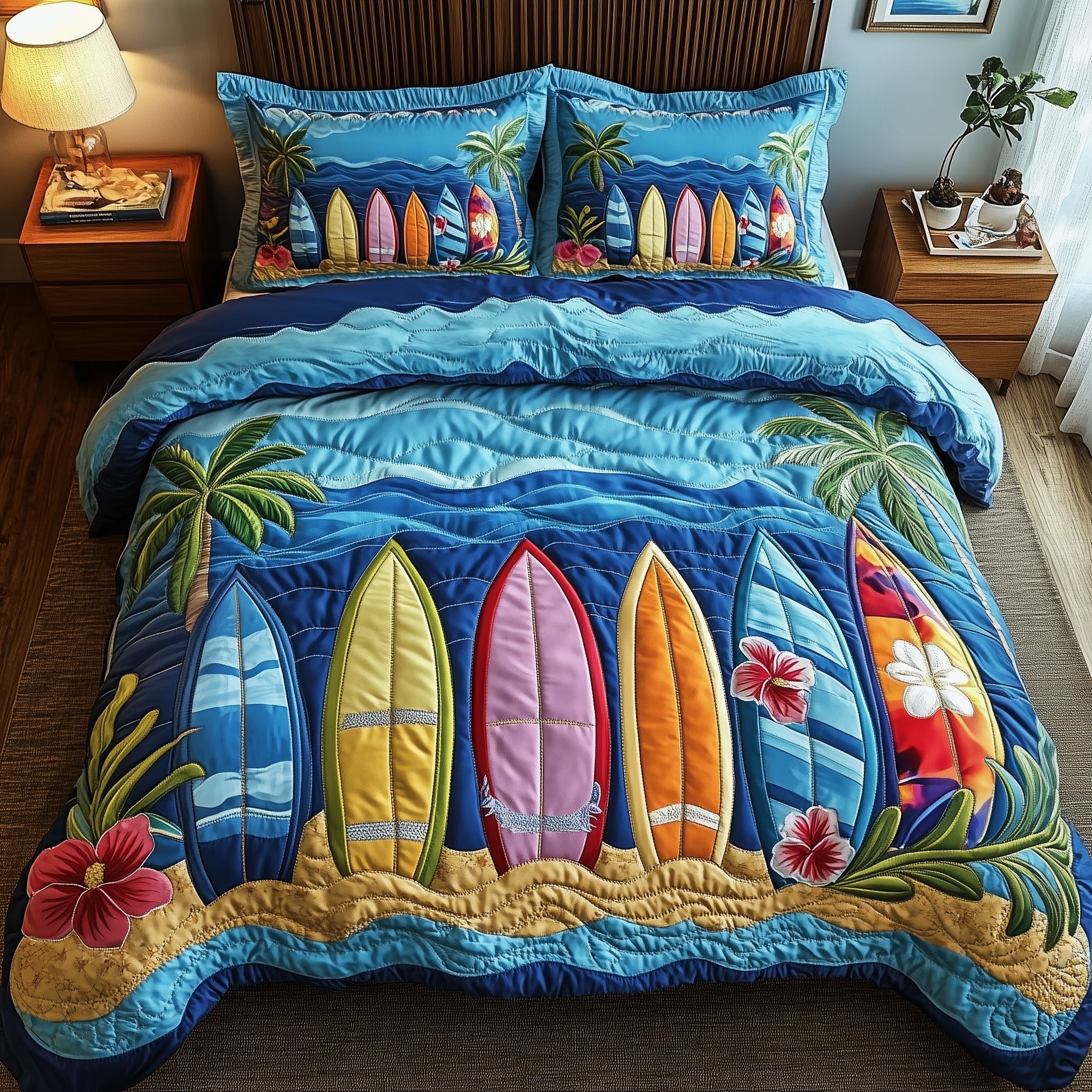 Tropical Wave Rider Quilted Bedding Set Coastal Surf Scene Tropical Ocean-Inspired Gifts