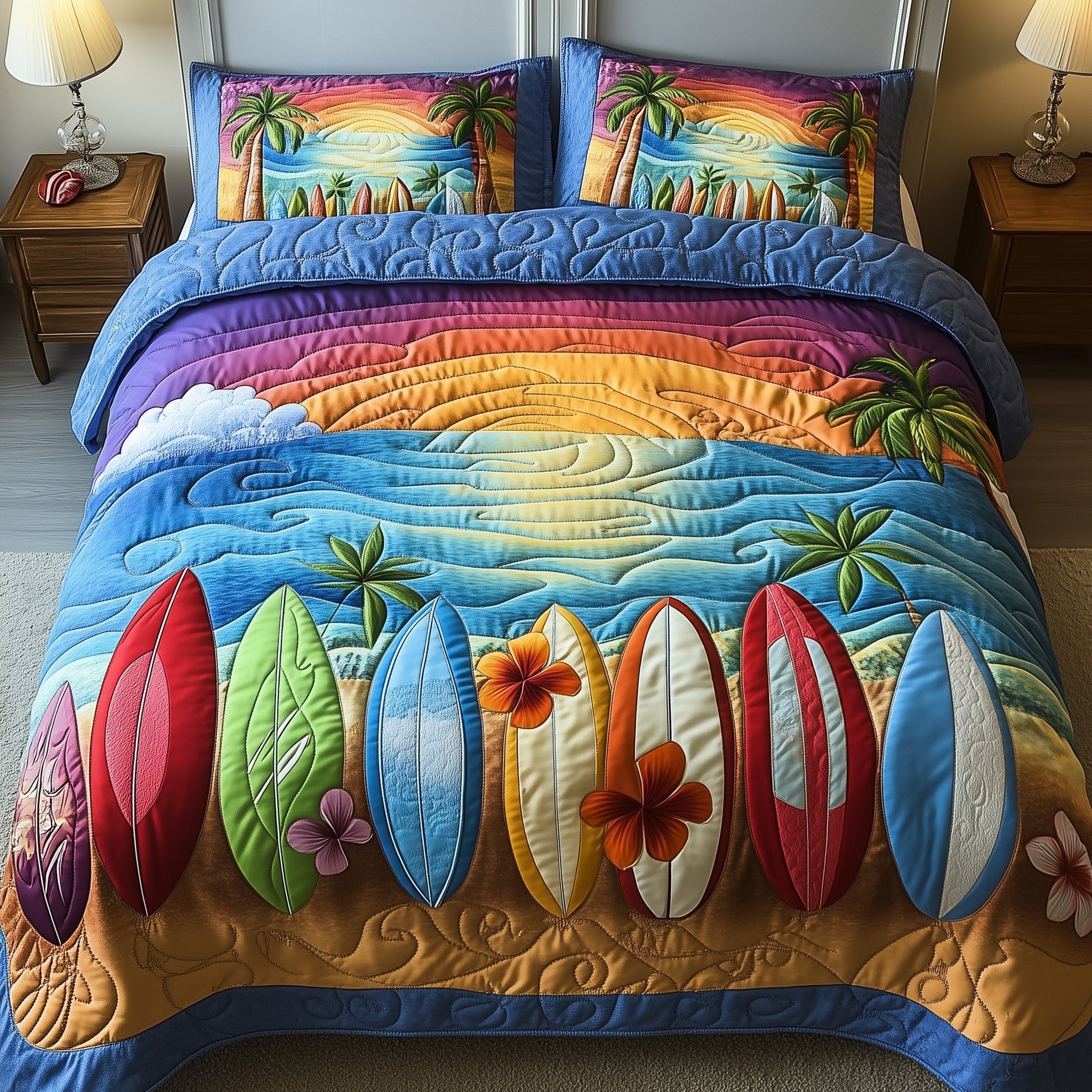 Tropical Wave Rider Quilted Bedding Set Coastal Surf Tropical Wave Rider Beach Theme Gifts