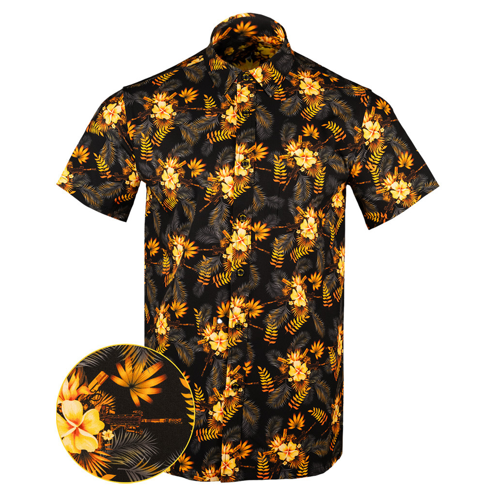 Tropics Black Gold Button Down Shirt Tactical Aloha Print Shirt Pro Gun Merch Gifts For Husband Tropics Black Gold Button Down Shirt Tactical Aloha Print Shirt Pro Gun Merch Gifts For Husband