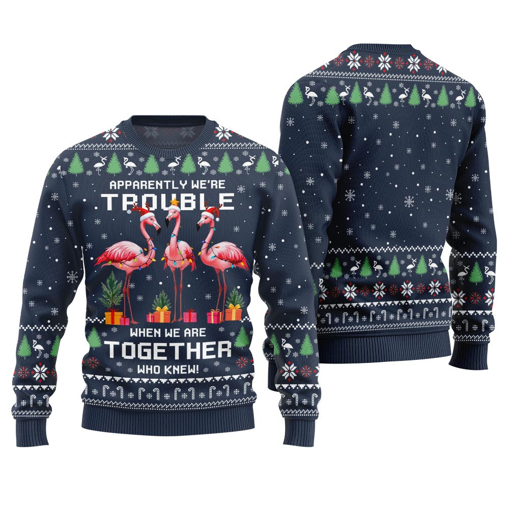 Trouble Together Flamingo Ugly Christmas Sweater For Friends Trending Christmas Merch Gift 2025 Collection