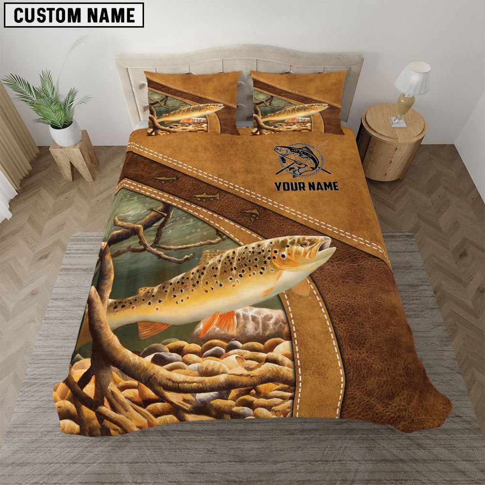 Trout Fishing Pattern Customized Name Bedding Set  Best Anniversary Gifts For Couples