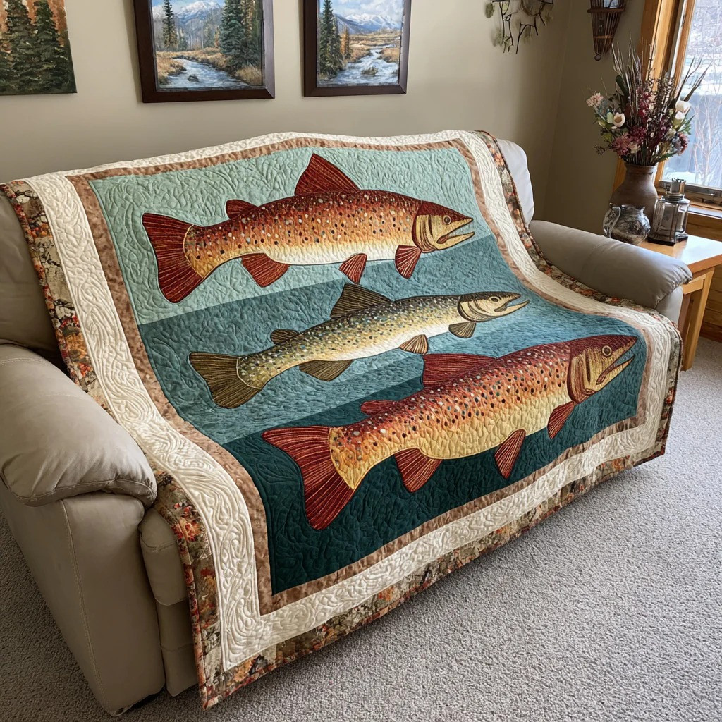 Trout Fishing Quilted Blanket Lodge Rustic Decor Apparel Best Gift For Fisherman Dads