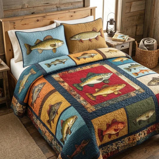 Trout Haven Quilted Bedding Set Rustic Fishing Bedroom Decor Cozy Home Gift For Anglers