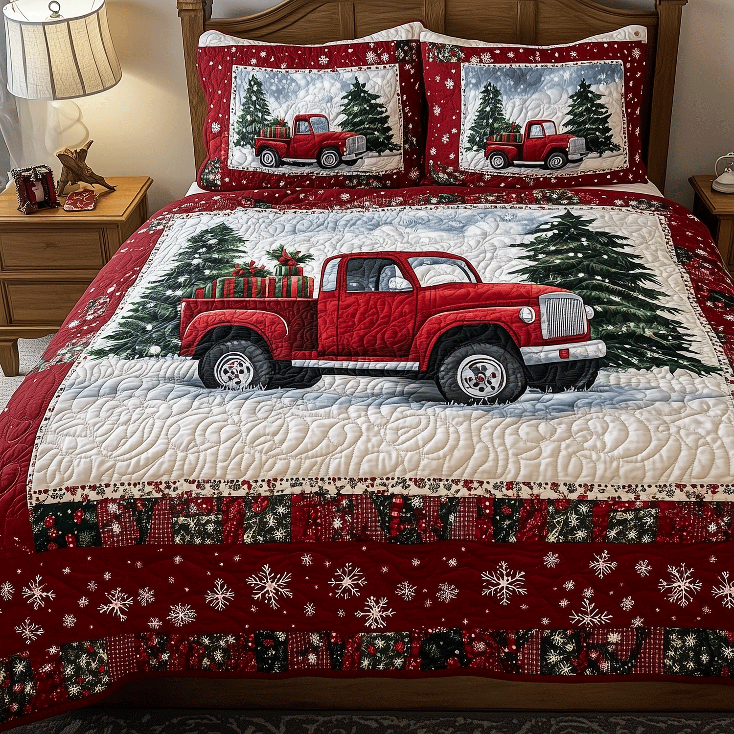Truck of Cheer Quilted Bedding Set King Comforter Sets Romantic Anniversary Gifts for Parents