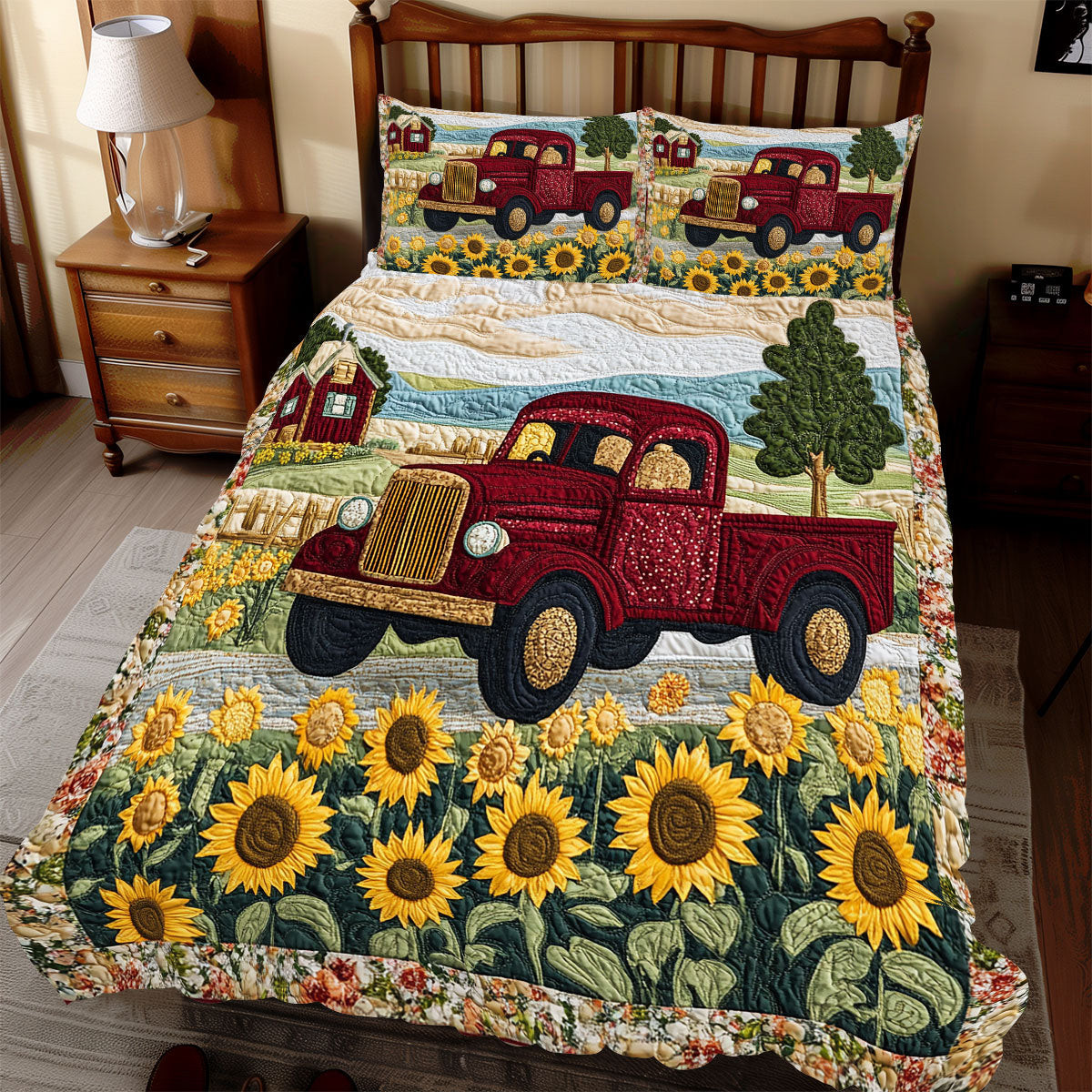 Truck Sunflower Holiday Xmas Quilted Bedding Set Christmas Gift Ideas For Wife
