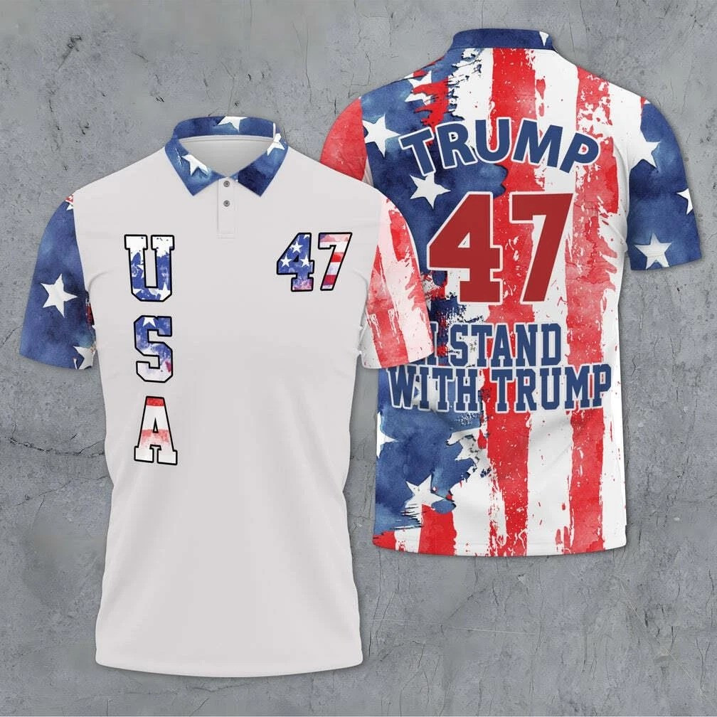 Trump 47 I Stand With Trump American Flag Polo Shirt Pro Trump 2025 Shirt Dad Gifts