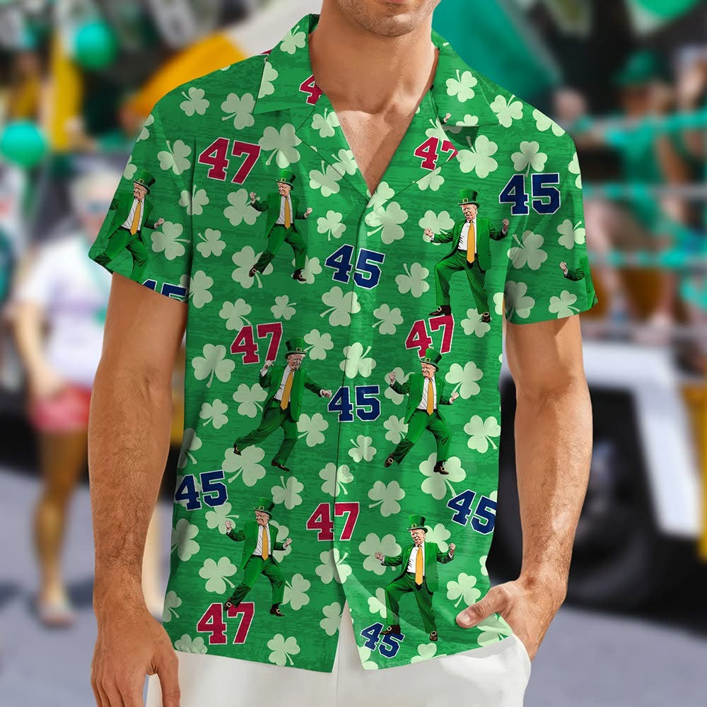 Trump Dancing 45 47 Shamrock Hawaiian Shirt Funny Trump 2025 Shirt St Patrick's Day Gifts