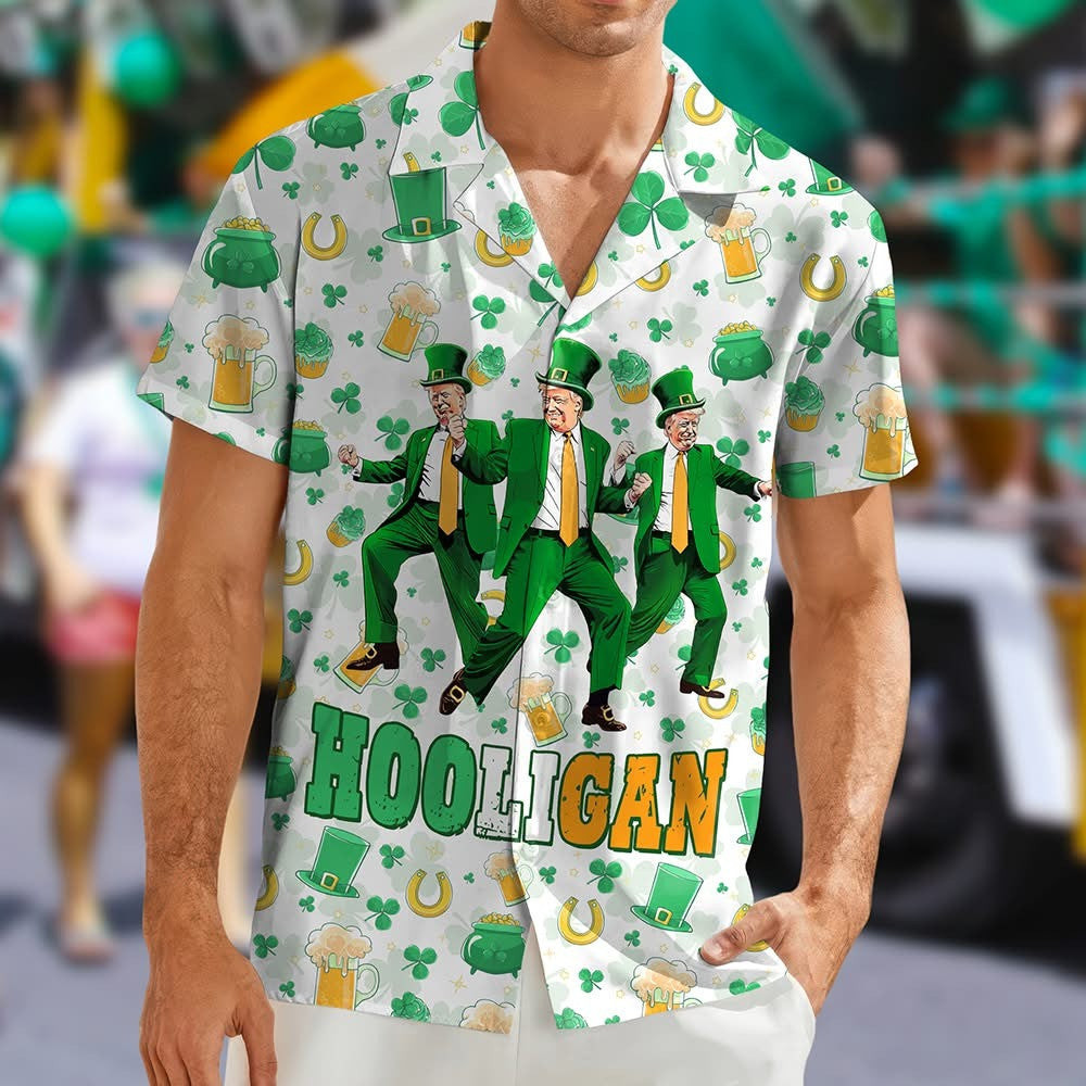 Trump Dancing Hooligan Hawaiian Shirt Funny Trump 45-47 Merch St Patrick's Day Shirt
