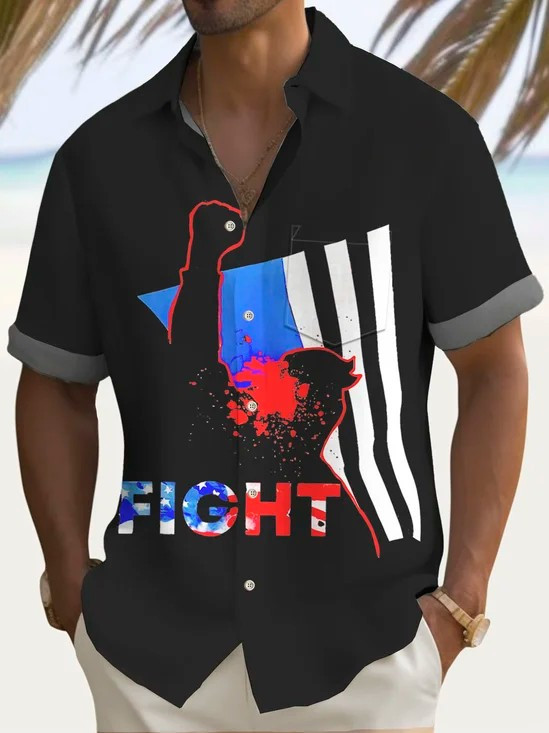 Trump Fight American Flag Hawaiian Button Shirt Patriotic Summer Beach Merch Gift Ideas