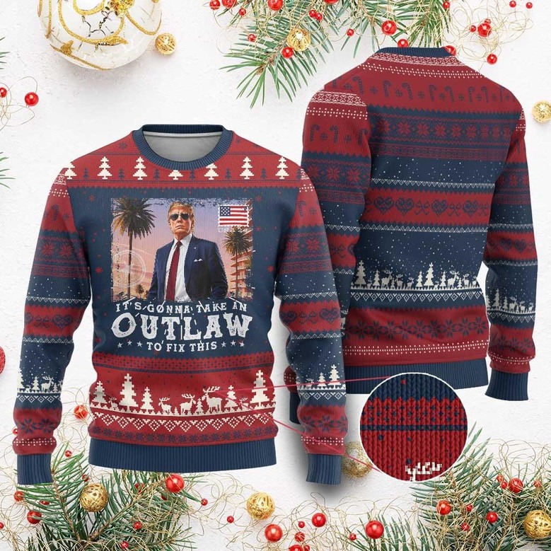 Trump It's Gonna Take An Outlaw Ugly Christmas Sweater US Flag Sweater Xmas Gifts For Him