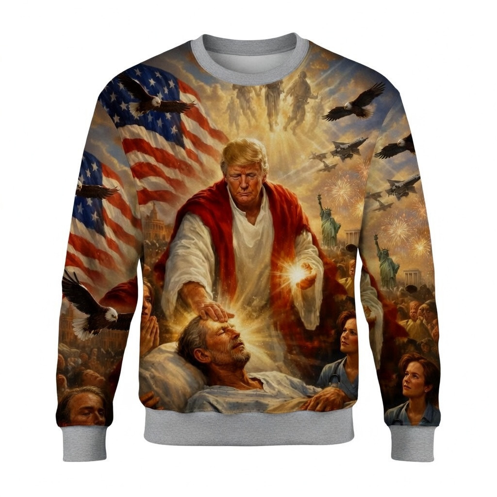 Trump Jesus Healing Artwork Eagle Sweatshirt American Flag Apparel MAGA Gift For Christians
