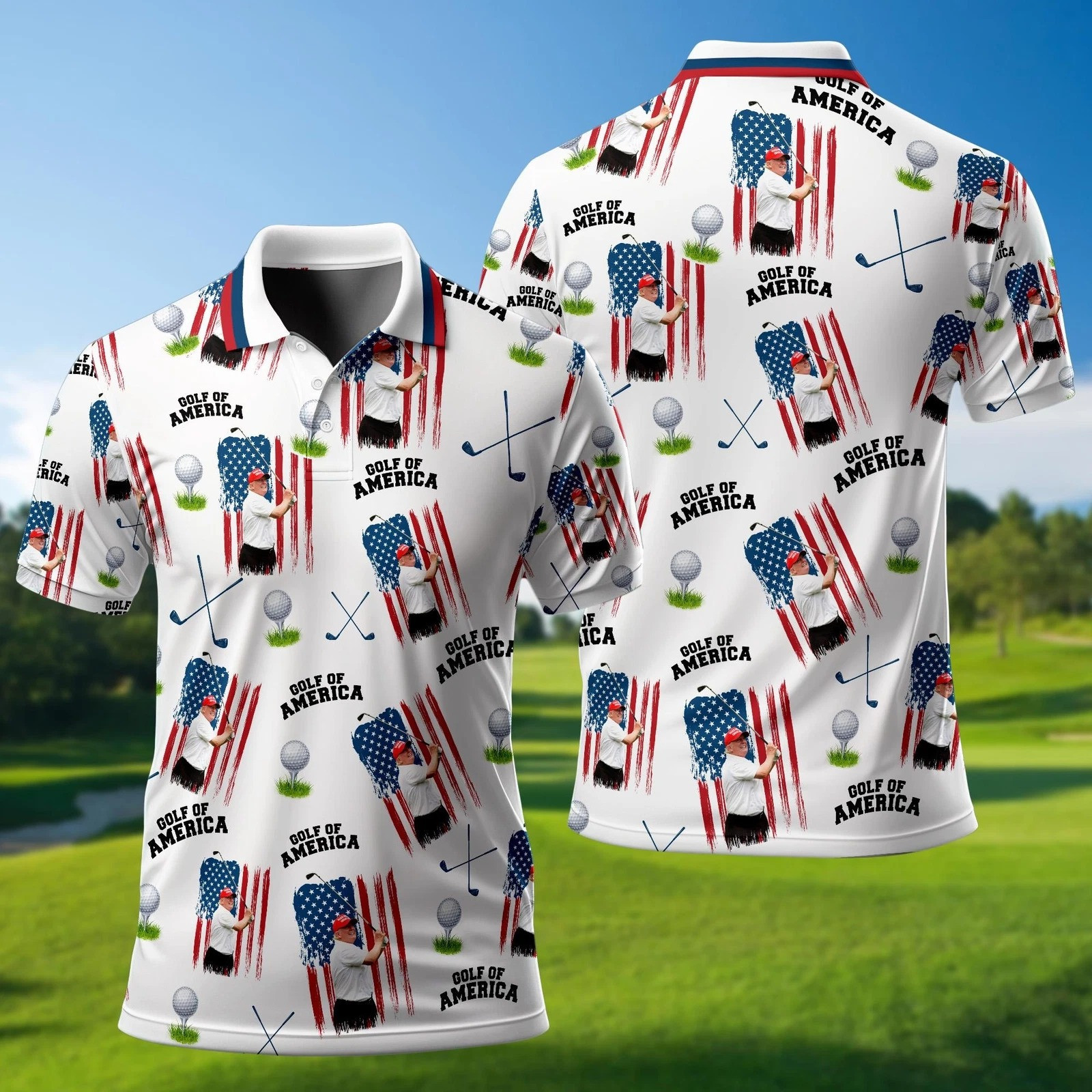 Trump Playing Golf Patriotic USA Flag Polo Shirt 4th Of July Gulf Of America Shirt