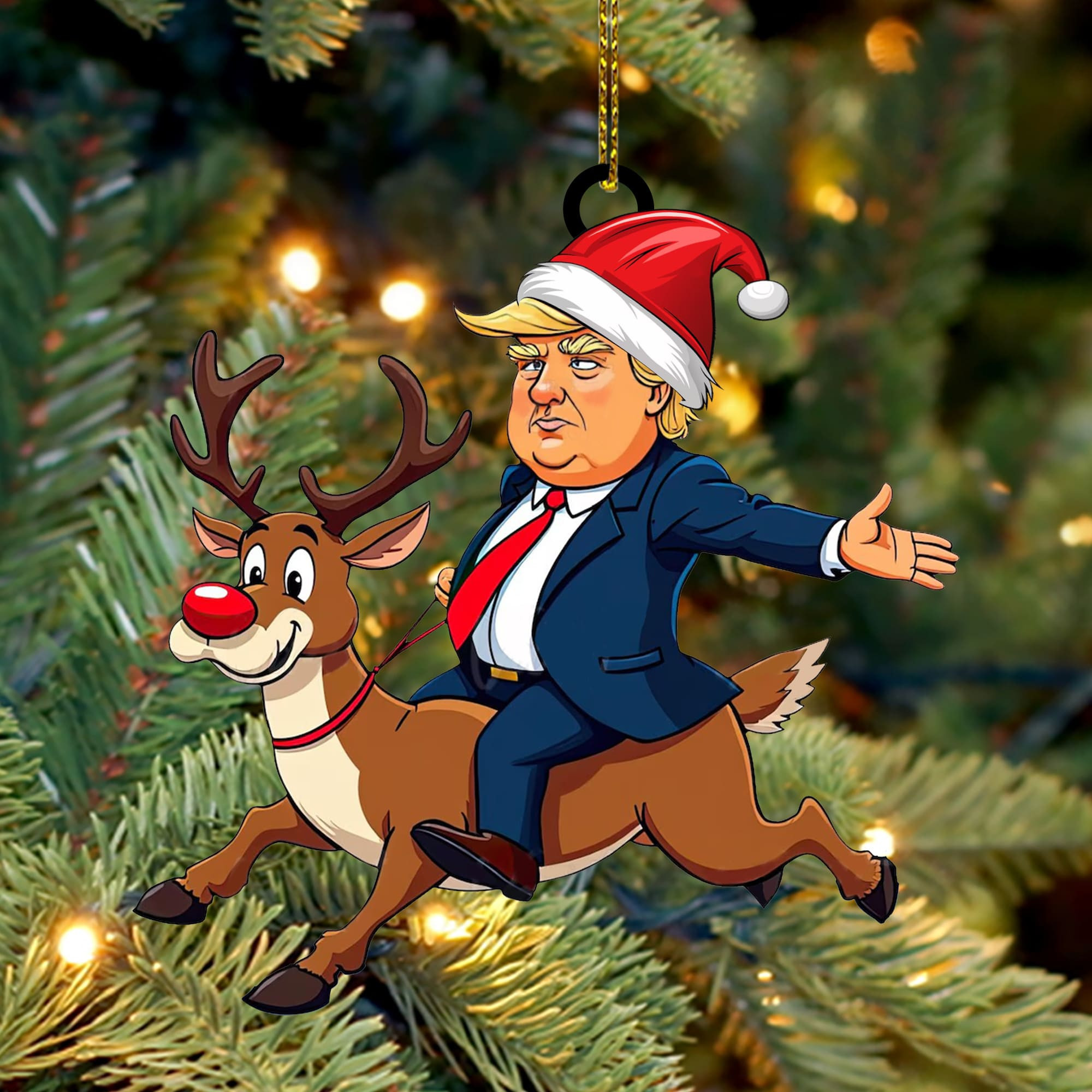 Trump Riding Reindeer Christmas Ornament Funny Trump Xmas MAGA Decor