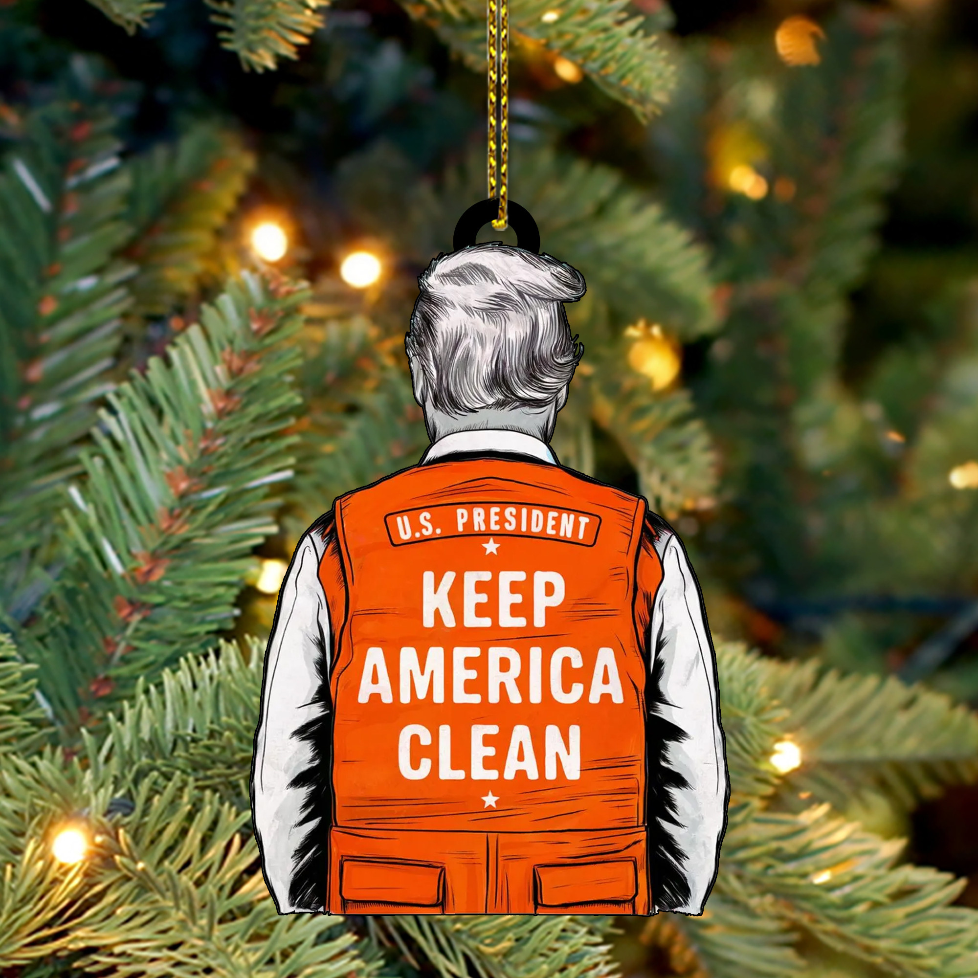 Trump Wearing Trash Collector Vest Ornament Shape Us President Keep America Clean Ornament