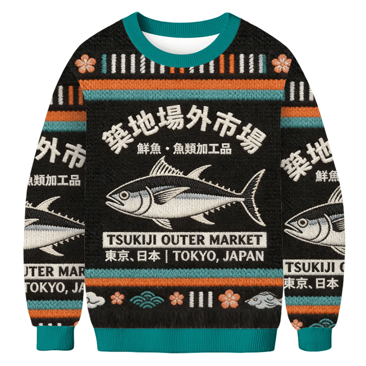 Tsukiji Outer Market Tokyo Japan Ugly Sweater Winter Clothing Xmas Gifts For Fish Lovers