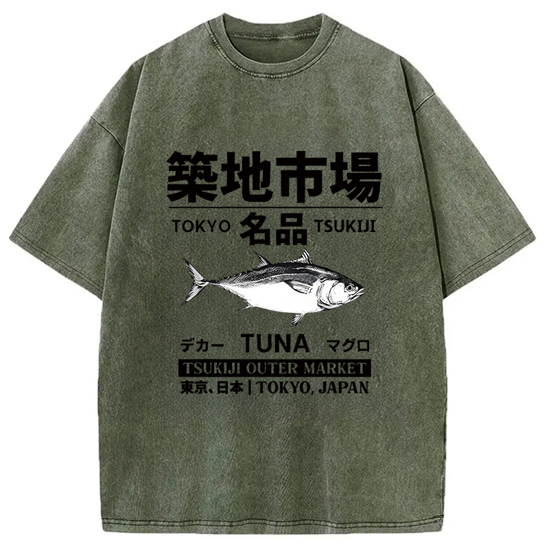 Tsukiji Tuna Market Washed T-Shirt Soft Comfortable Daily T Shirt Gifts For Sister