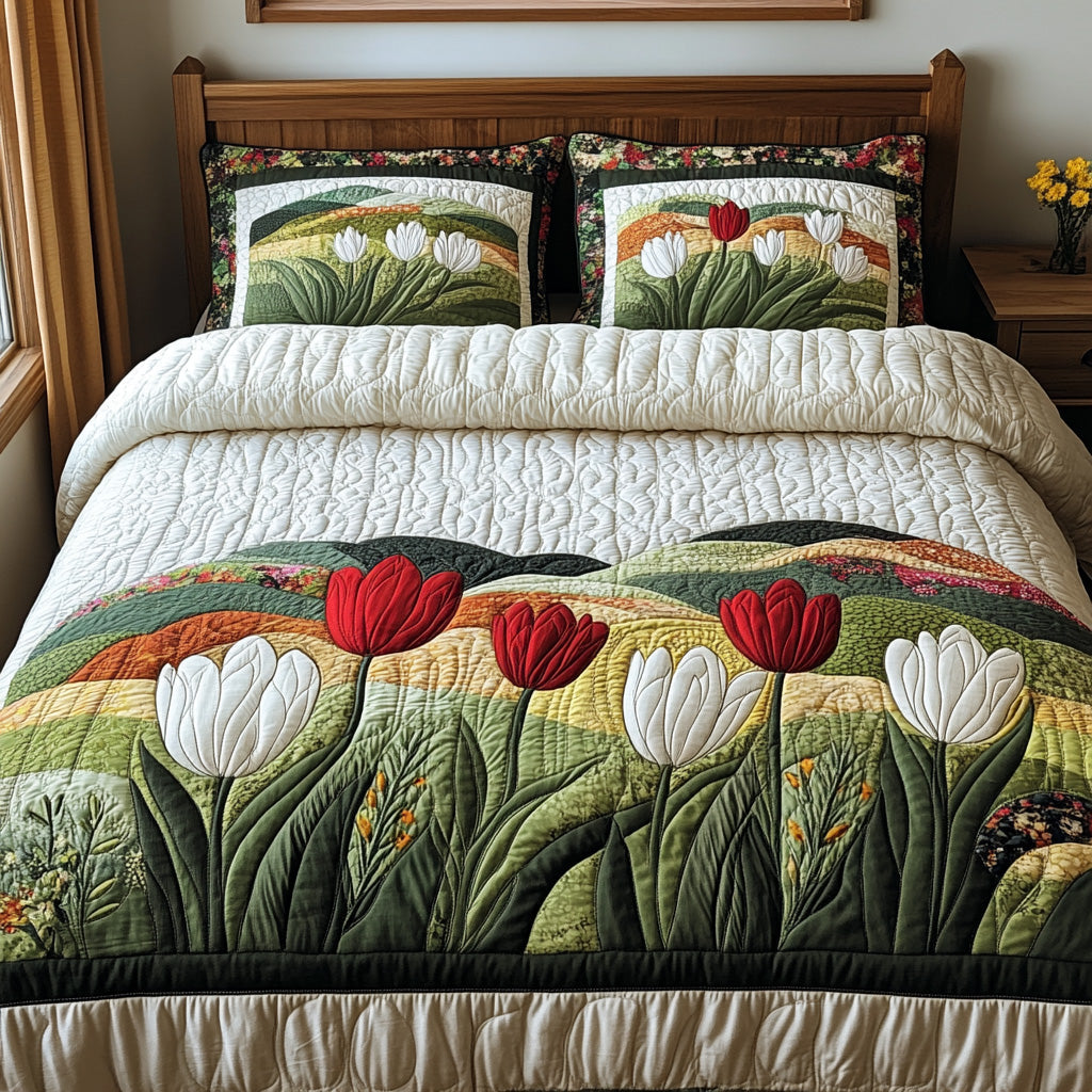 Tulip Bloom Quilted Bedding Set Bedspread Set Unique Gifts For Tulip Lovers
