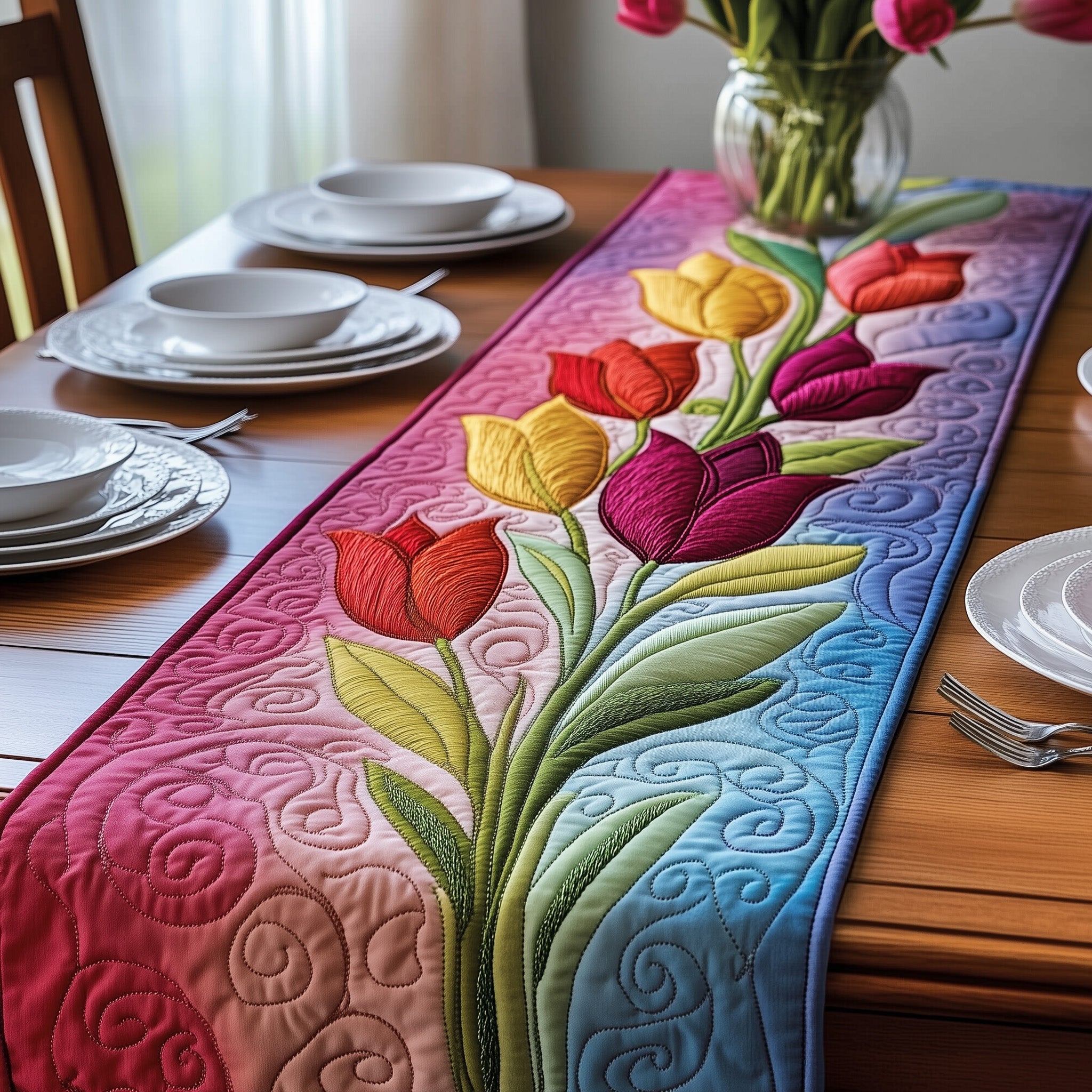 Tulip Blooms Quilted Table Runner Christmas Table Runner for Dining Room