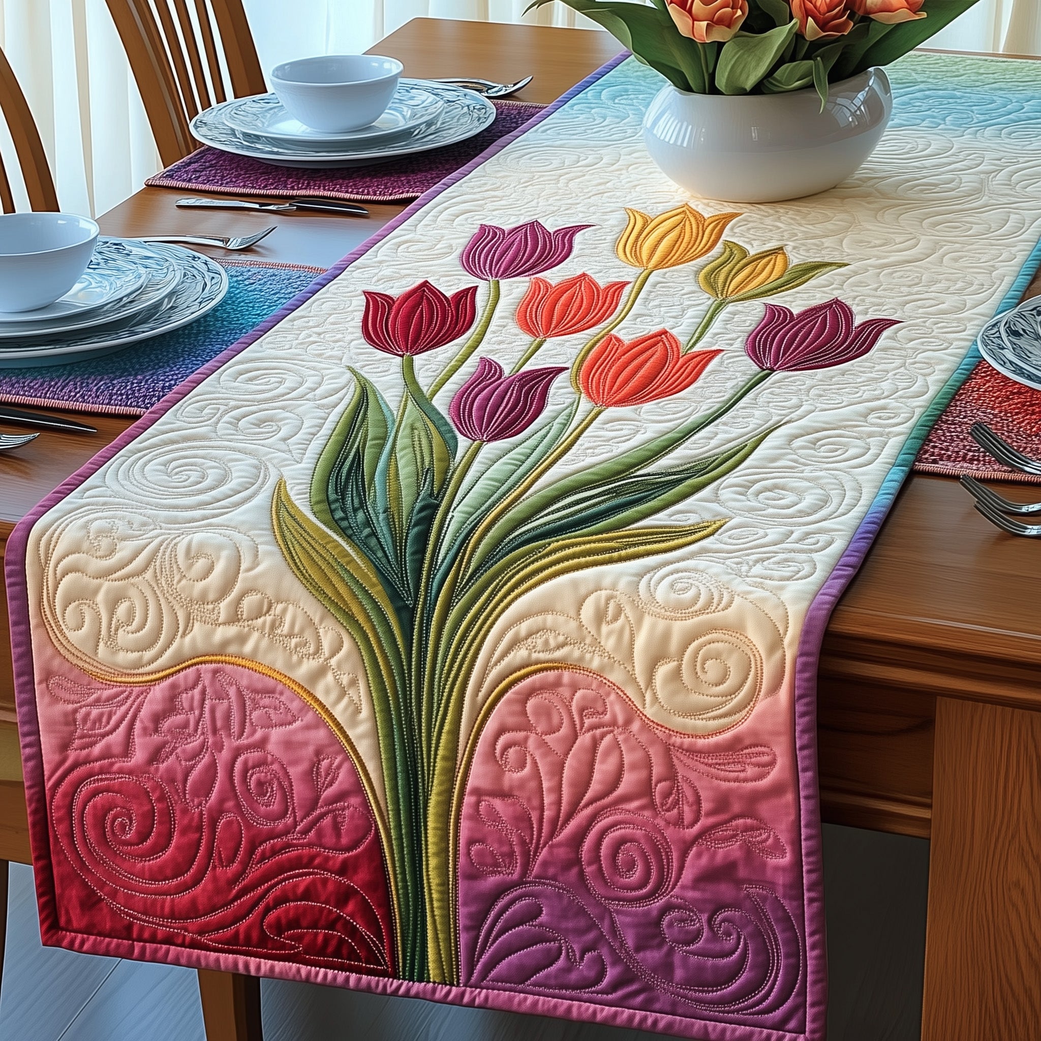 Tulip Blooms Quilted Table Runner Christmas Theme Table Runner