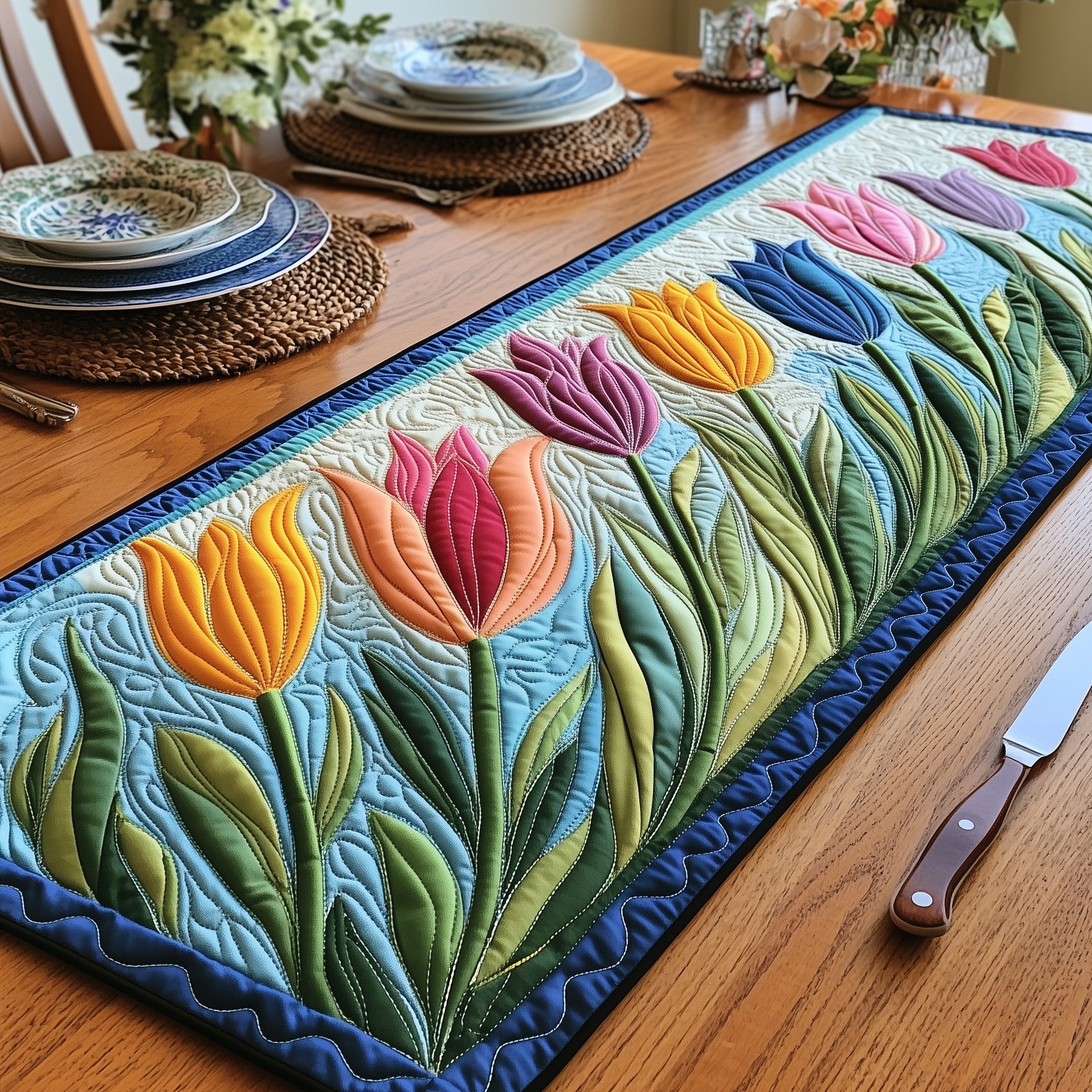 Tulip Blooms Quilted Table Runner Festive Holiday Table Runner Decor