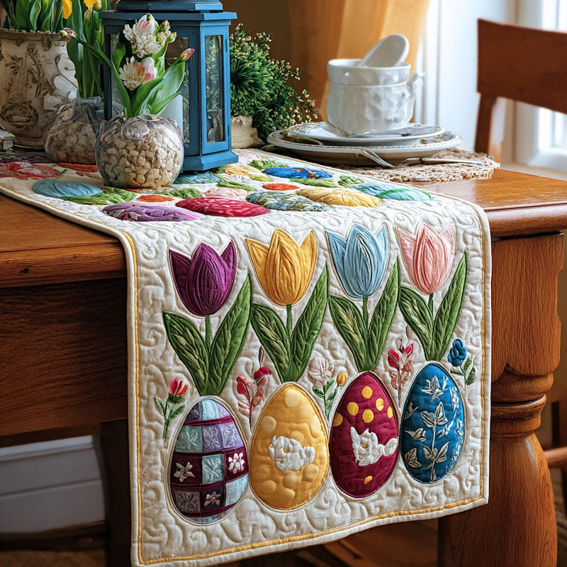 Tulip Egg Parade Quilted Table Runner Easter Spring Table Decor Gift For Easter Lovers