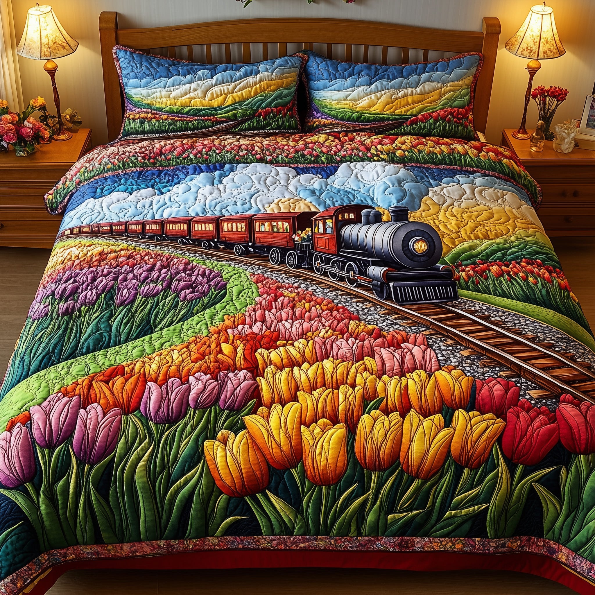 Tulip Express Quilted Bedding Set Duvet Cover Merchandise Train Related Gifts