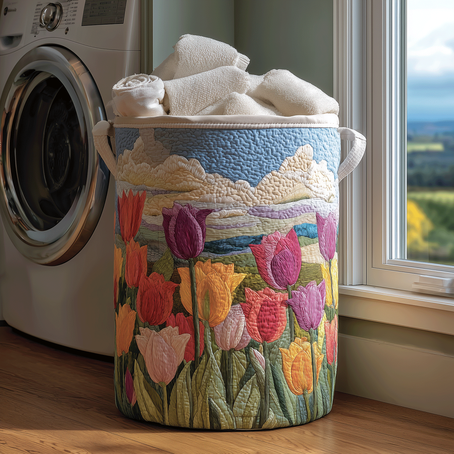 Tulip Field Quilted Laundry Basket Unique Gift For Laundry Lovers