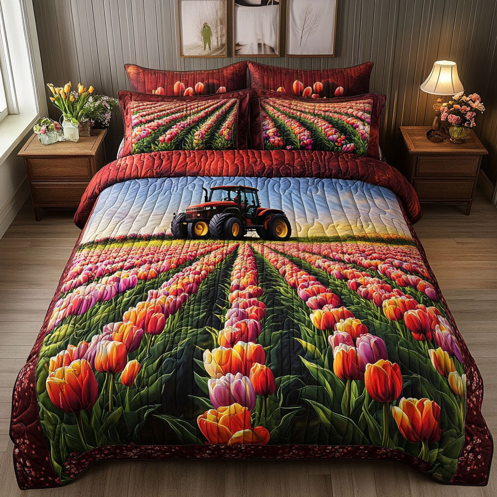 Tulip Fields Tractor Quilted Bedding Set Beautiful Bedding Merch Gift for a Peaceful Sleep