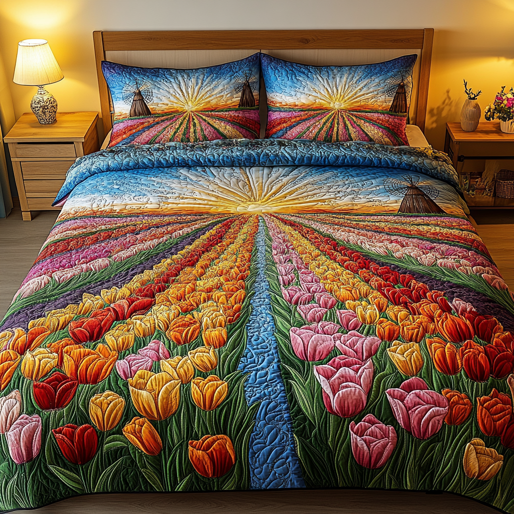 Tulip Garden Quilted Bedding Set Bed Room Decoration Unique Gifts For Tulip Lovers