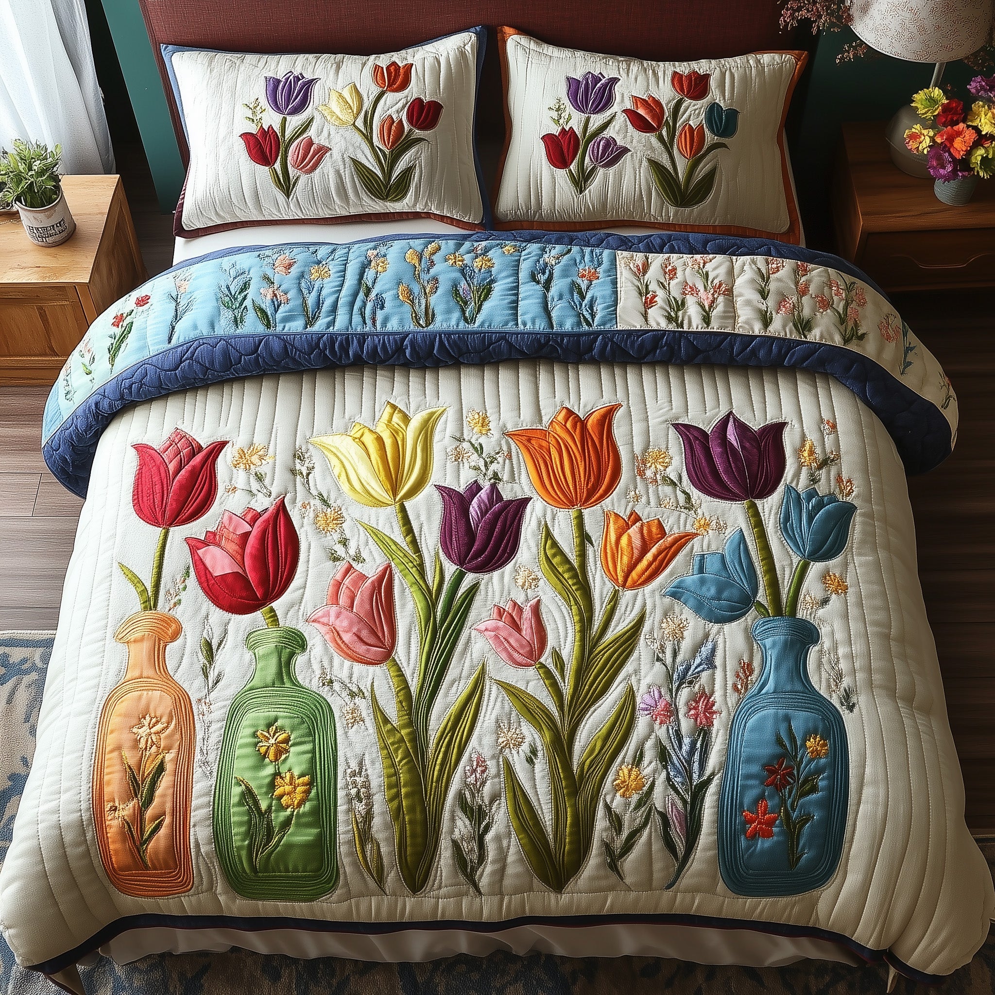 Tulip Haven Quilted Bedding Set Duvet Cover Bedspread Gift For Parents Christmas
