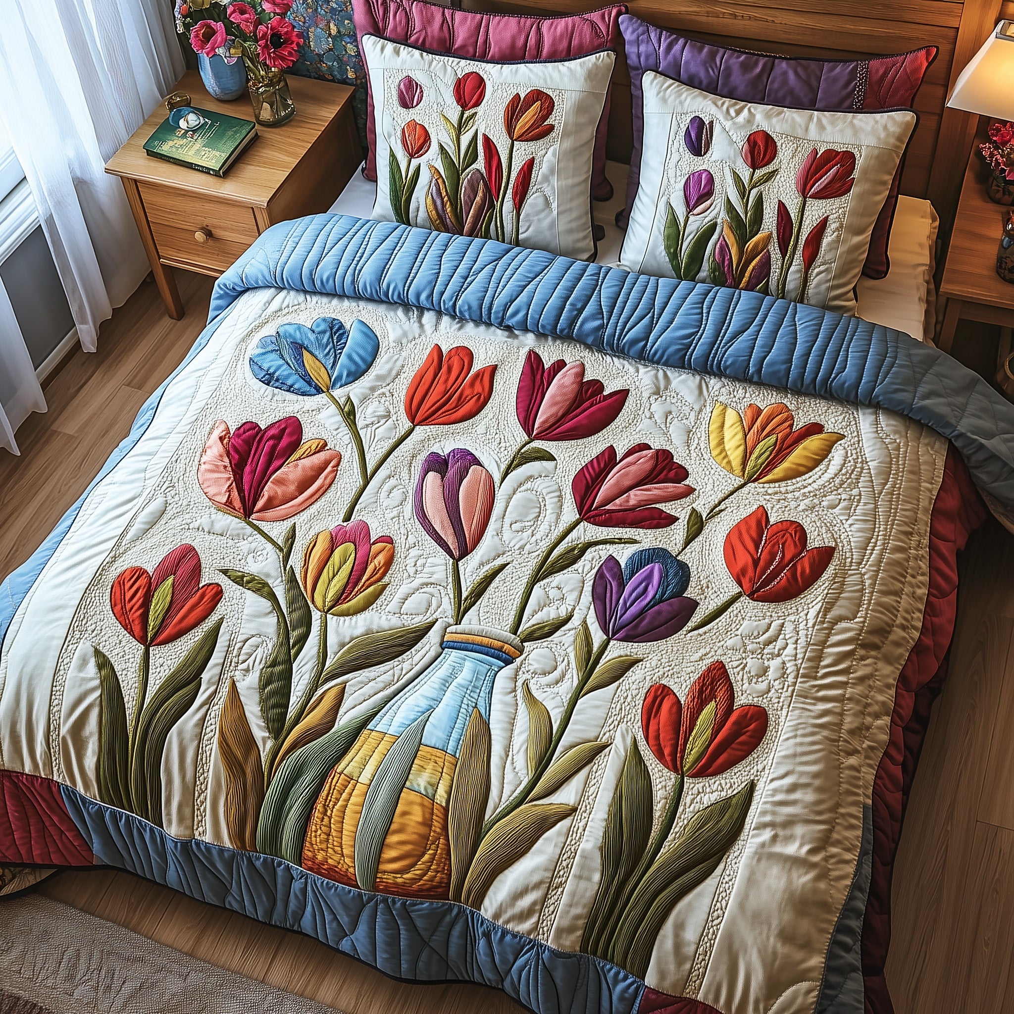 Tulip Haven Quilted Bedding Set Duvet Cover Bedspread Xmas Presents For Wife