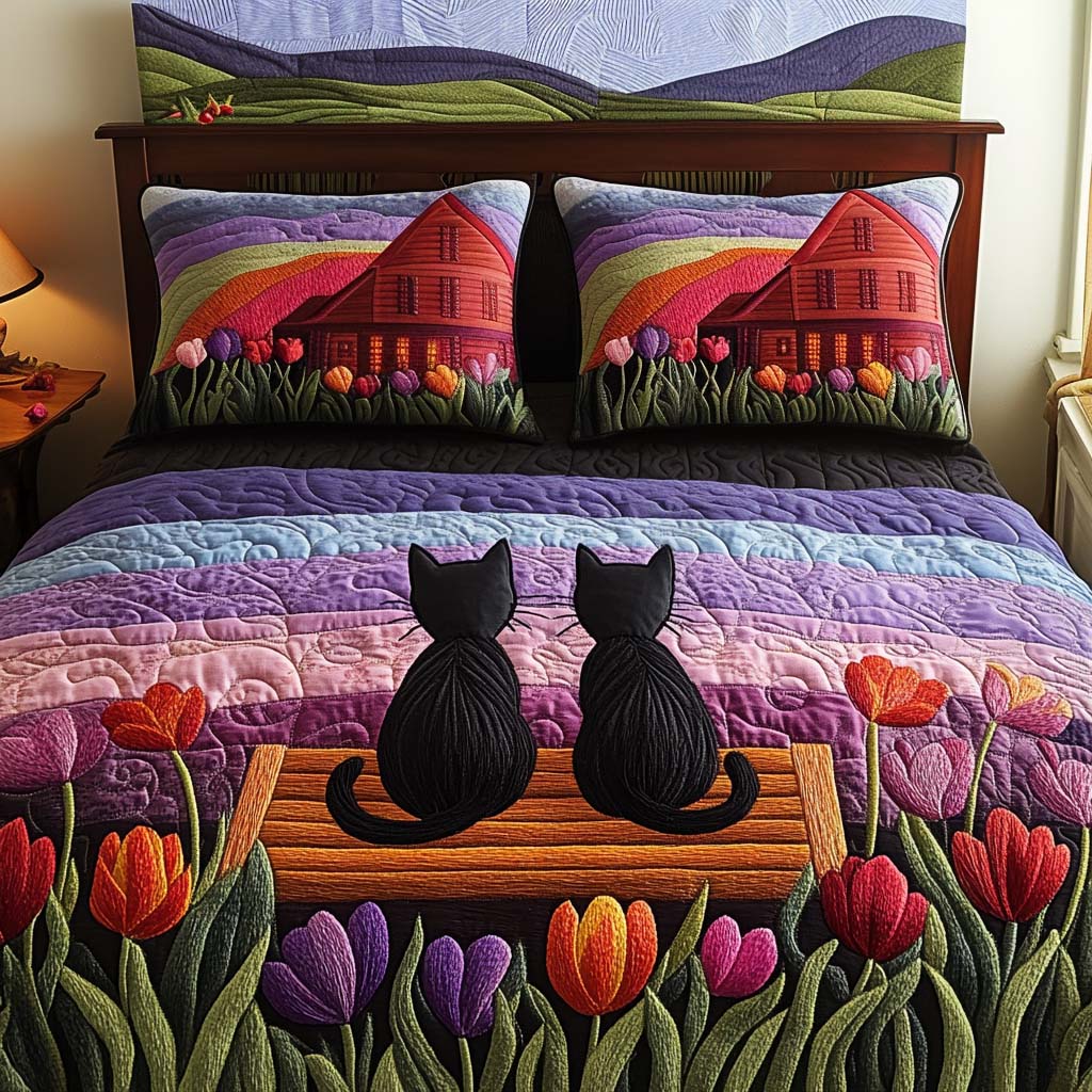 Tulip Lovers Quilted Bedding Set Duvet Cover Bed Sheet Set Presents For Cat Owners