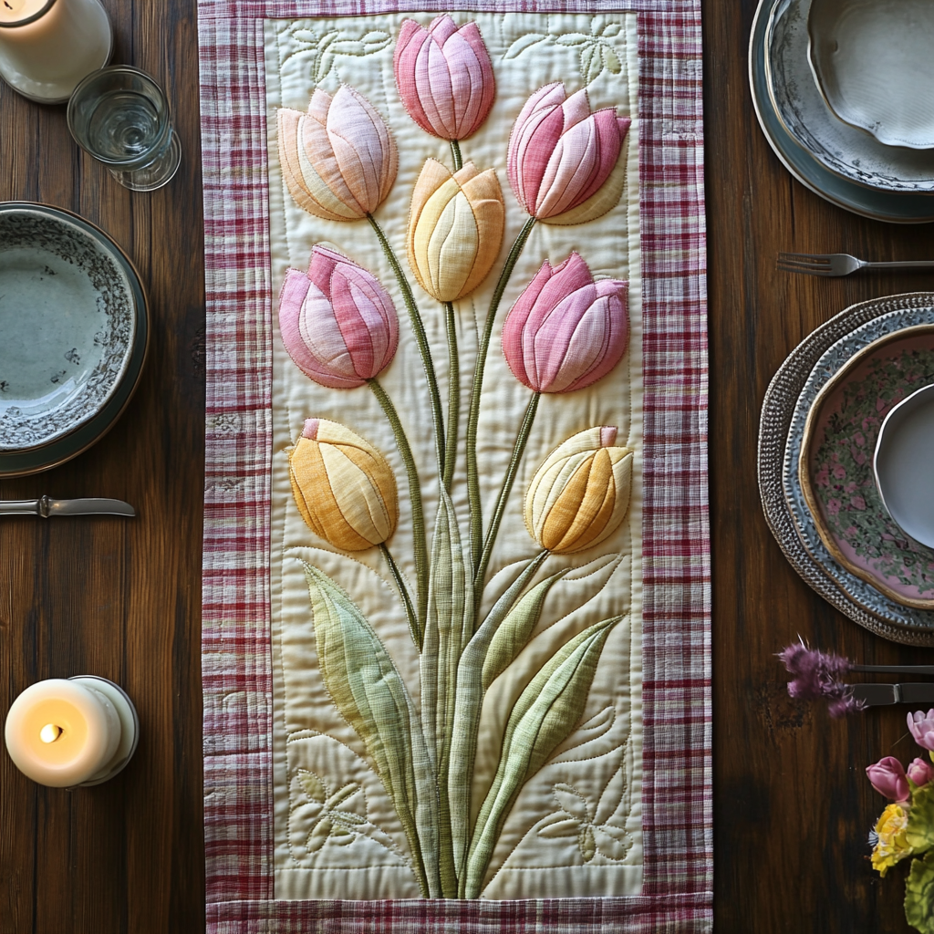 Tulip Meadow Bliss Quilted Table Runner Dinner Table Decor Ideas Unique Tulip Gifts