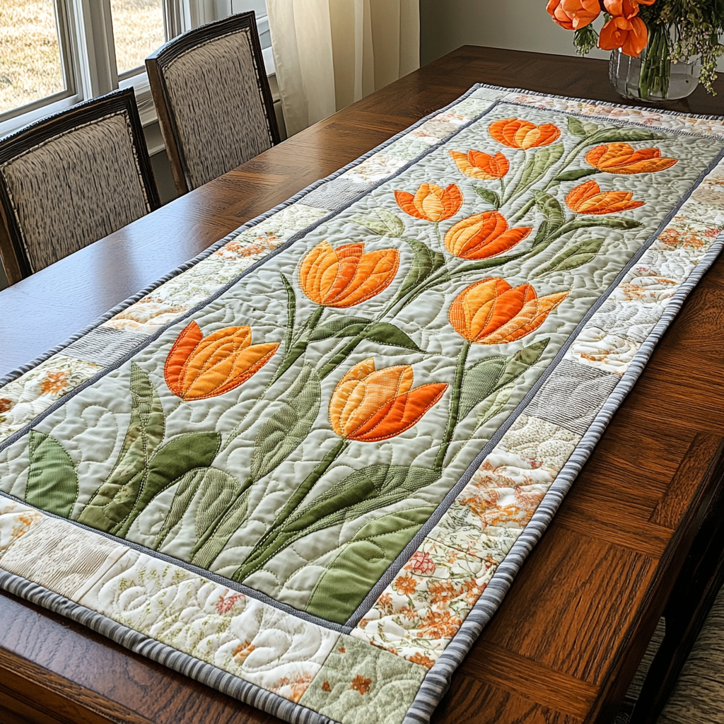 Tulip Meadow Quilted Table Runner Dining Decor Tulip Gifts For Family