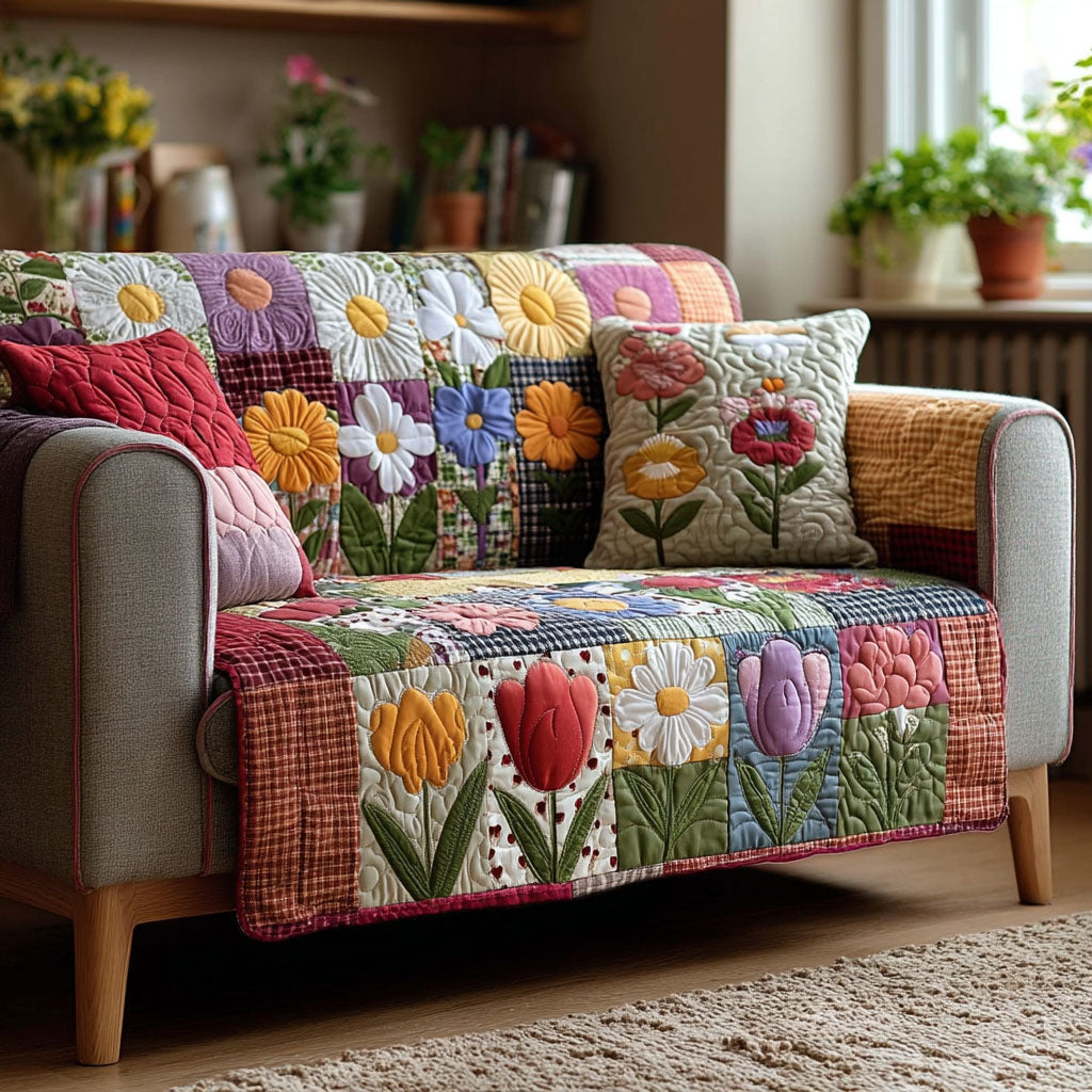 Tulip Medley Quilted Sofa Cover Holiday Living Room Decor Best Friend Birthday Gifts
