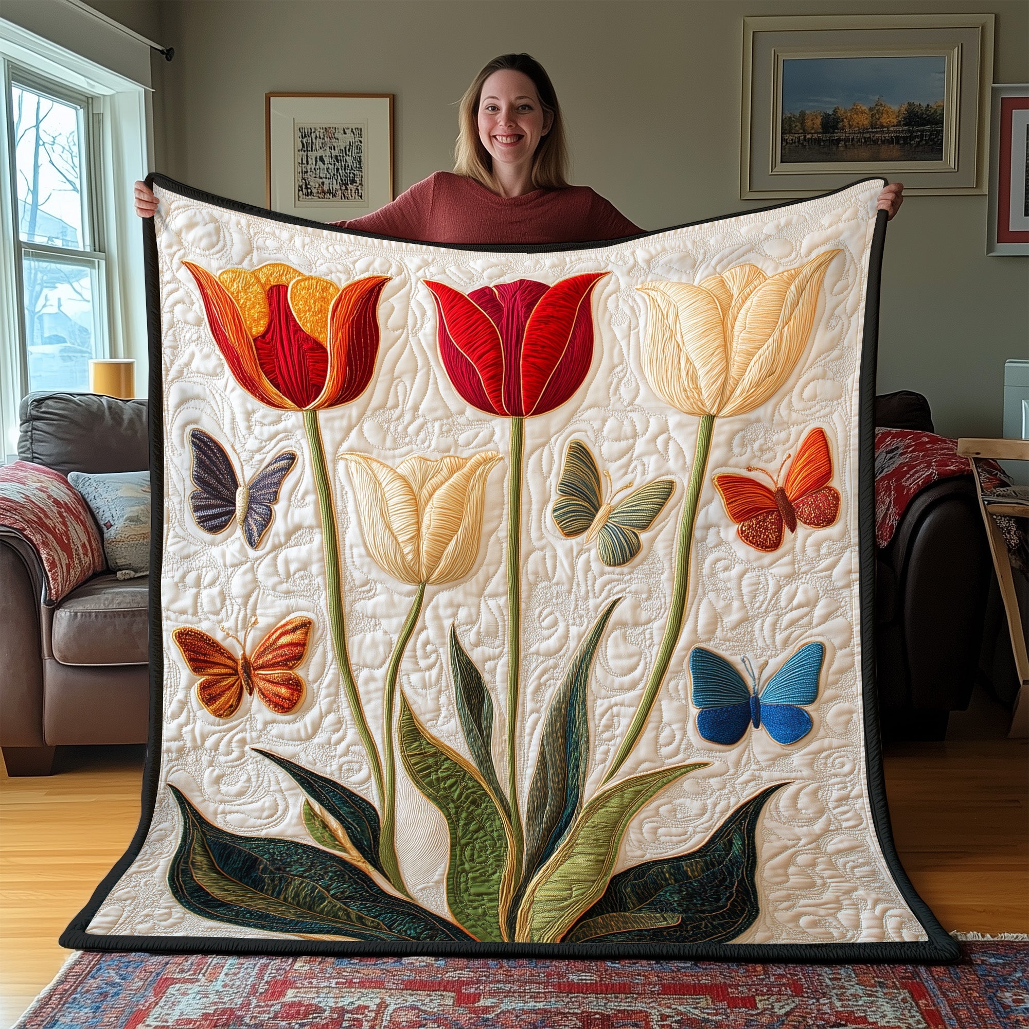 Tulip Quilted Blanket Cute Cozy BlanketUnique Gifts For Tulip Lovers