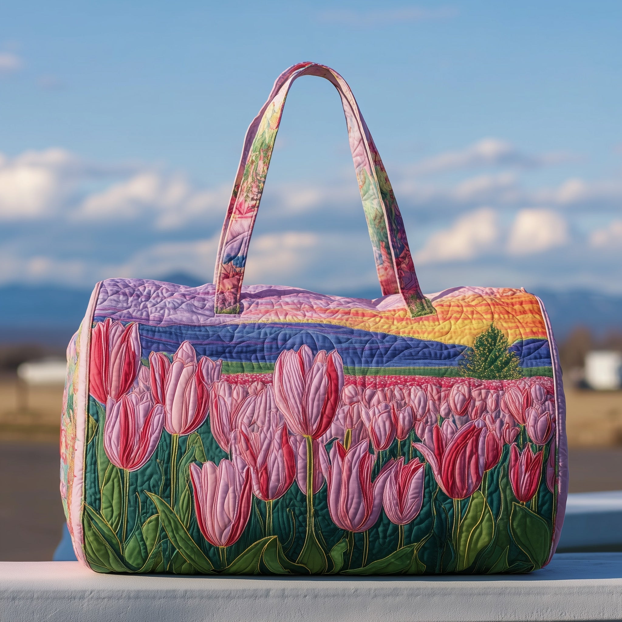Tulip Sunset Quilted Duffle Bag Lavender Pink Tulip Field Travel Bag Cute Floral Gift For Flower Lovers