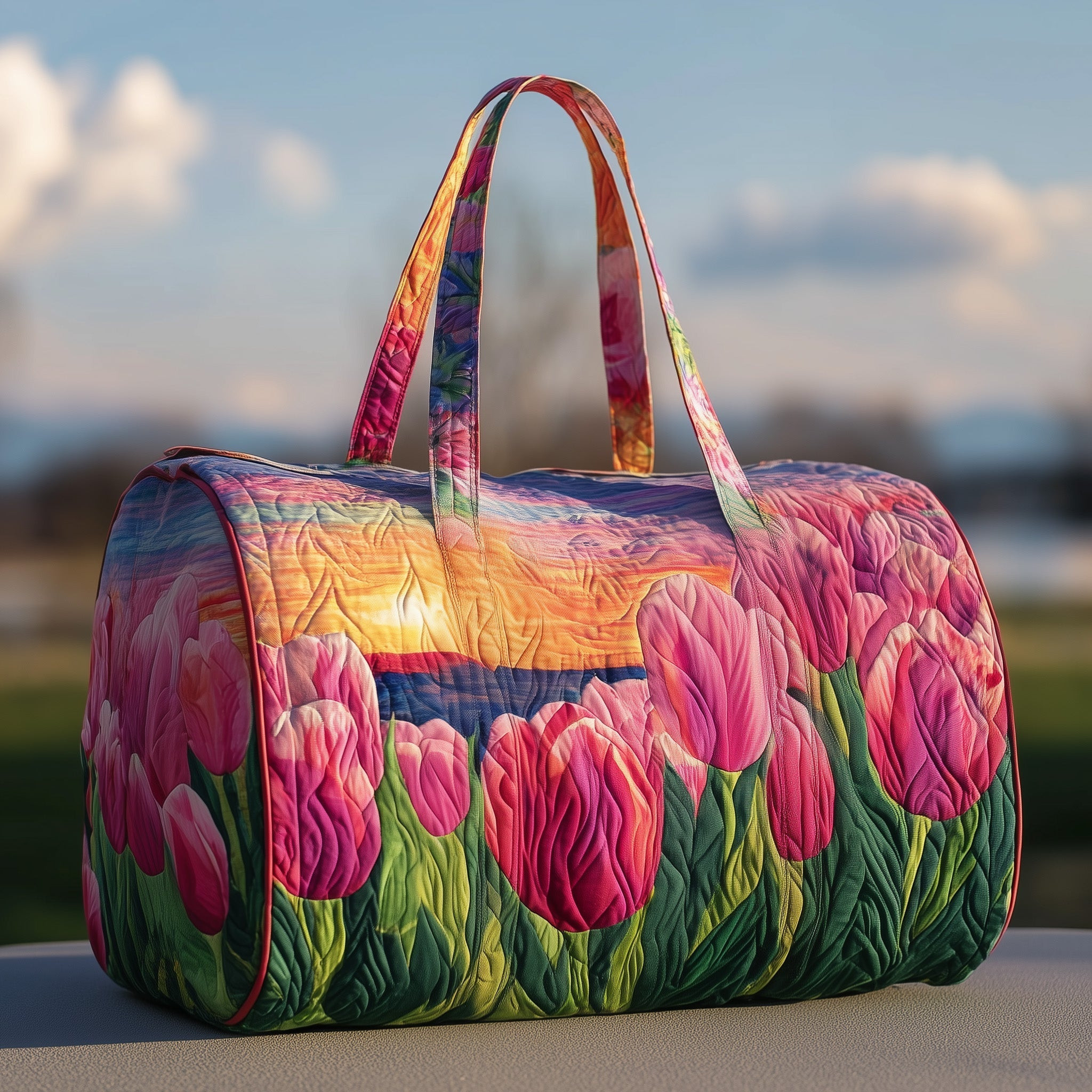 Tulip Sunset Quilted Duffle Bag Pink Tulip Field Floral Travel Bag Cute Flower Bag Best Gift For Her