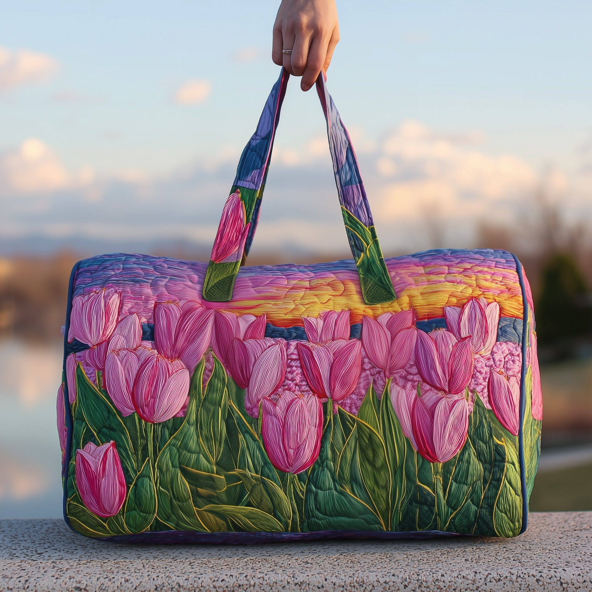 Tulip Sunset Quilted Duffle Bag Pink Tulip Wildflower Sunset Travel Bag Best Floral Gift For Her