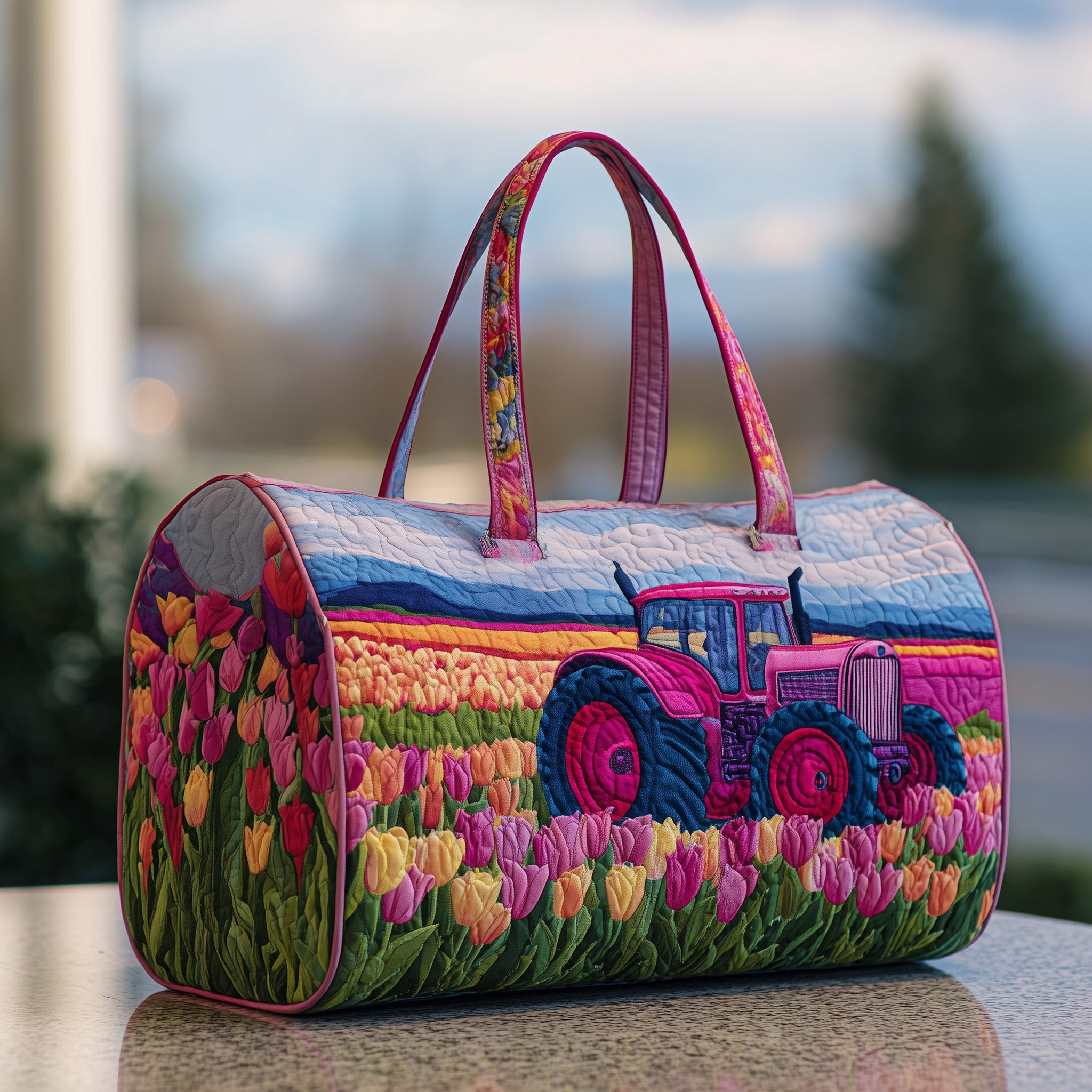 Tulip Tractor Quilted Duffle Bag Colorful Tulip Field Pink Tractor Travel Bag Best Gift For Farm Lovers