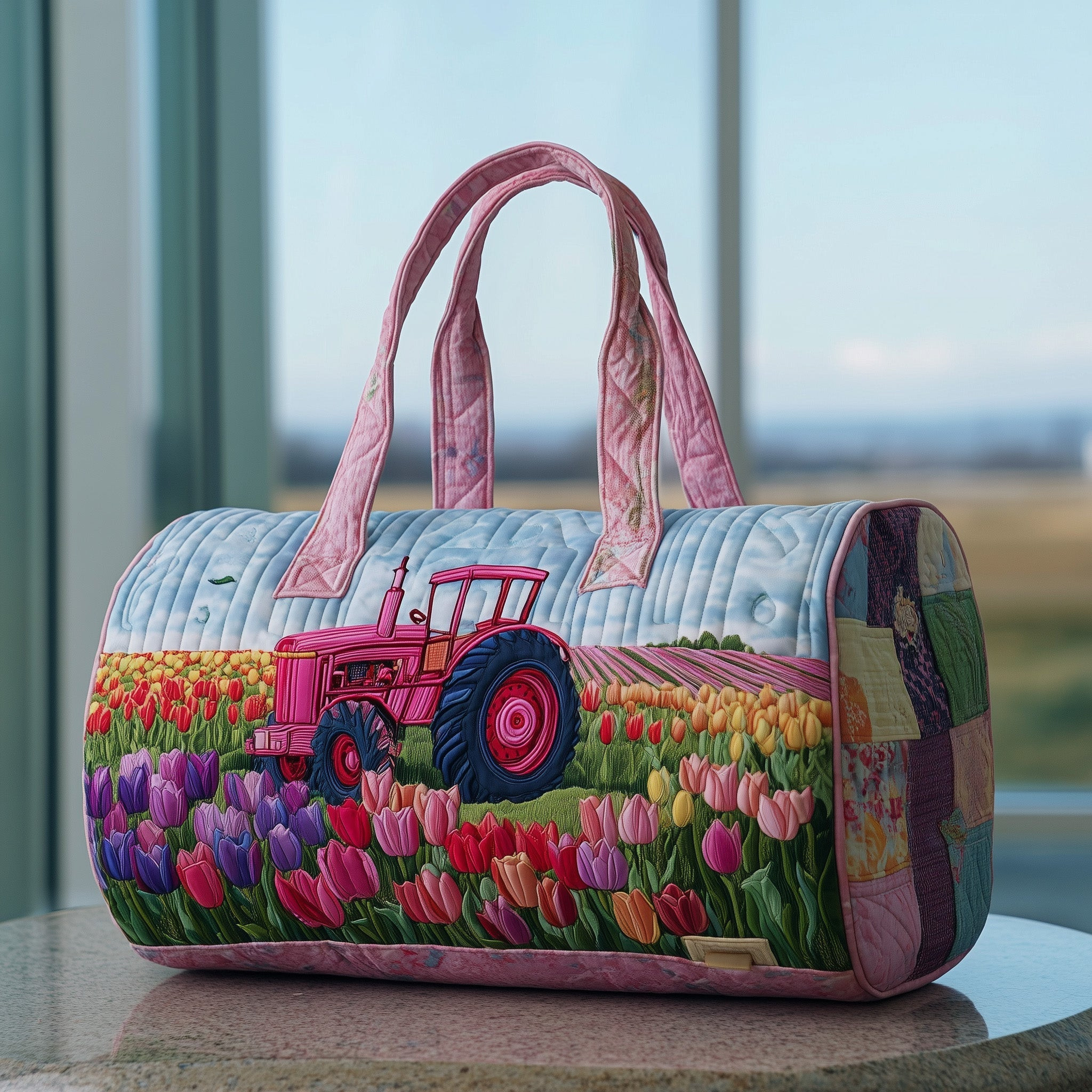 Tulip Tractor Quilted Duffle Bag Rainbow Tulip Farm Pink Tractor Travel Bag Cute Gift For Farm Girls