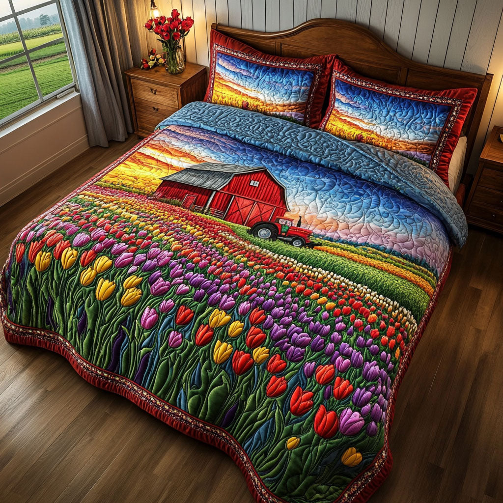 Tulips and Tractors Quilted Bedding Set Bed Decor Tulip Christmas Gifts