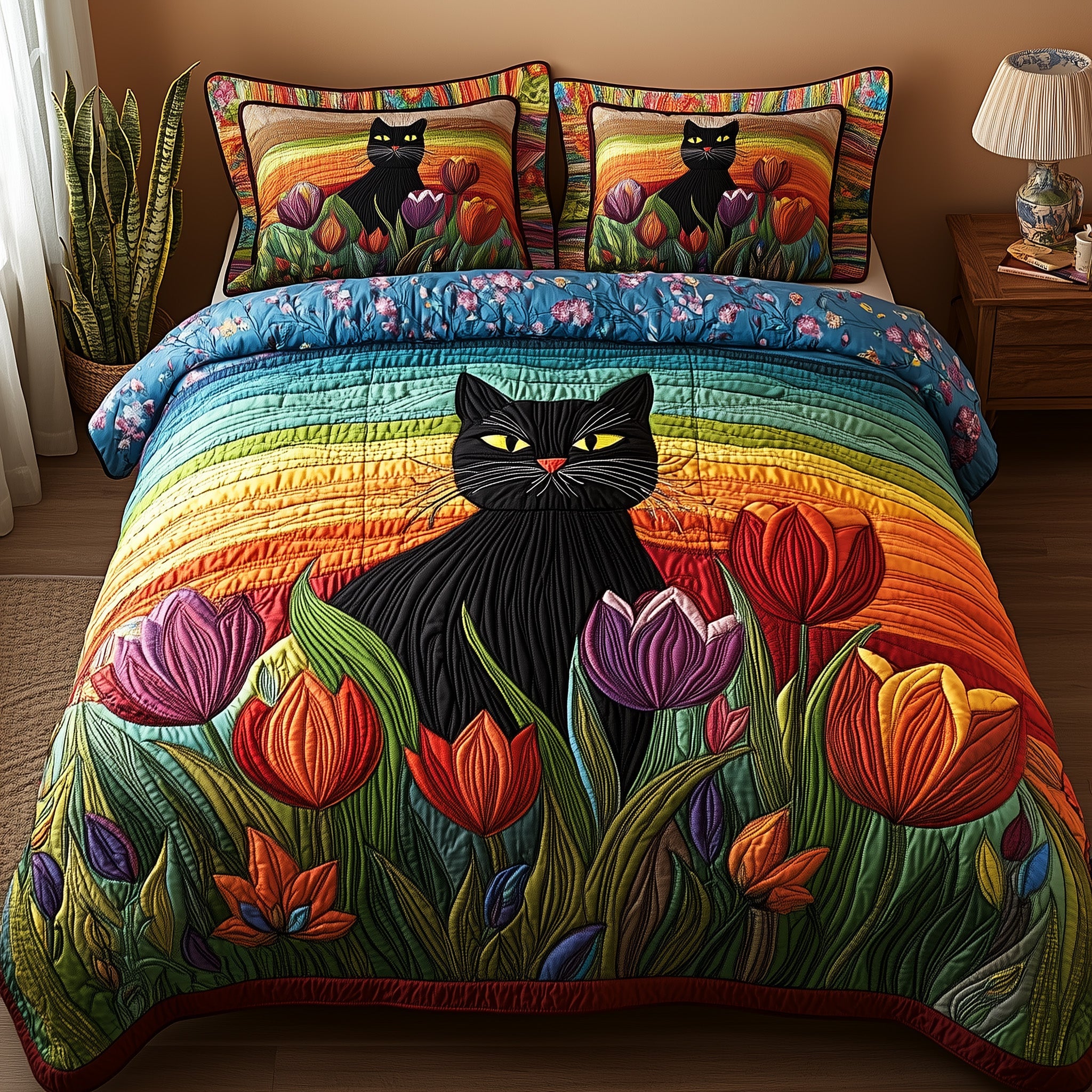 Tulips and Whiskers Quilted Bedding Set Duvet Cover Bedspread Cat Lady Presents