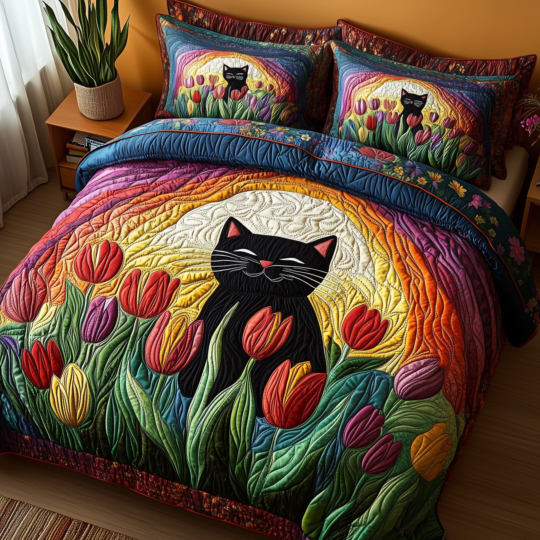 Tulips and Whiskers Quilted Bedding Set Duvet Cover Bedspread Christmas Presents For Cat Lovers