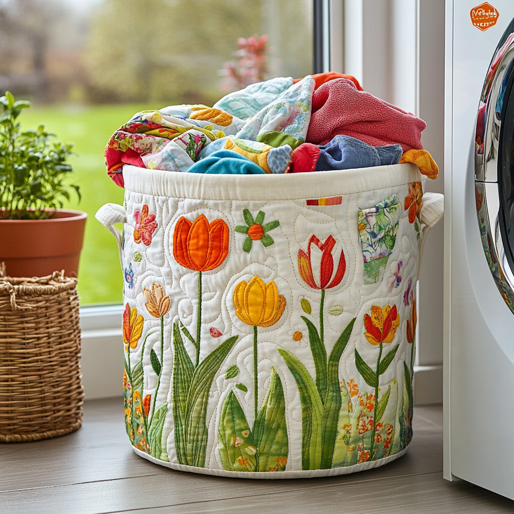 Tulips Dream Quilted Laundry Basket Merch For Him