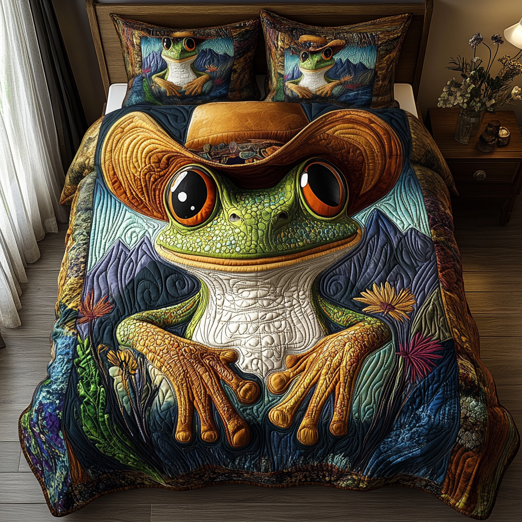 Tumbleweed Toad Quilted Bedding Set Cozy Bedroom Decor Cute Frog Gift Items