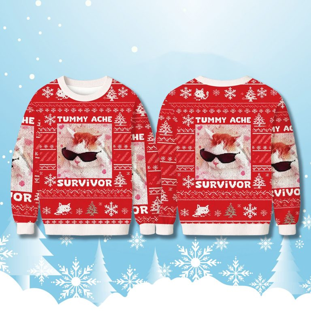 Tummy Ache Survivor Cat Meme Christmas Ugly Sweater Christmas Gifts For Friends