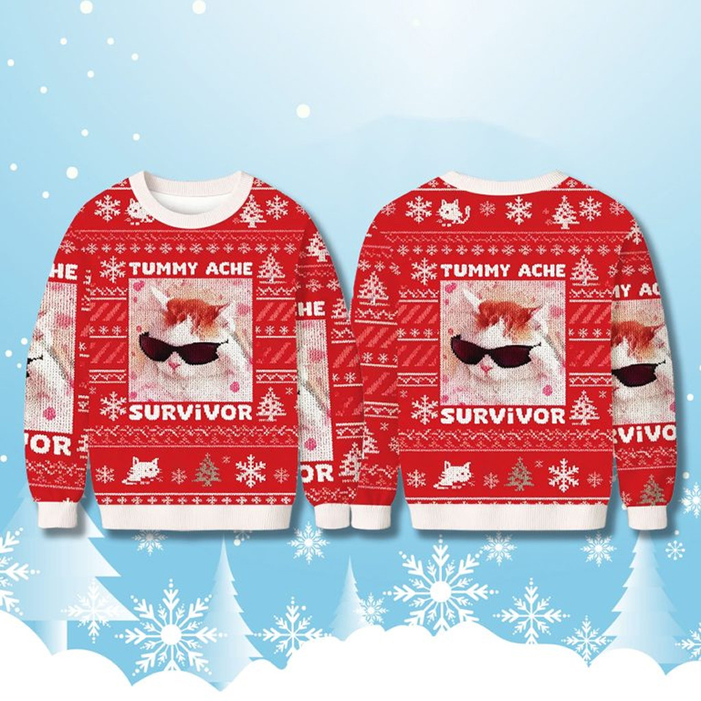 Tummy Ache Survivor Cat Meme Christmas Ugly Sweater Christmas Gifts For Friends