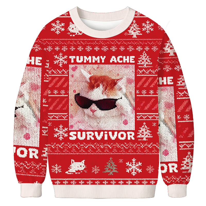 Tummy Ache Survivor Funny Cat Meme Christmas Ugly Sweatshirt Funny Xmas Party Outfit Gift Ideas
