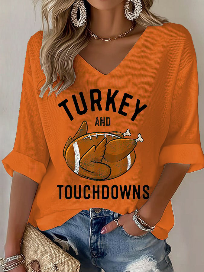 Turkey And Touchdowns V-Neck Long Sleeve Shirt Rustic Autumn Apparel Cool Thanksgiving Gifts